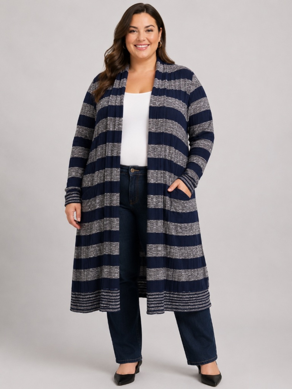 Lane Bryant 22/24 Duster Cardigan Open Front Long Sleeves Striped Stretch Blue/G